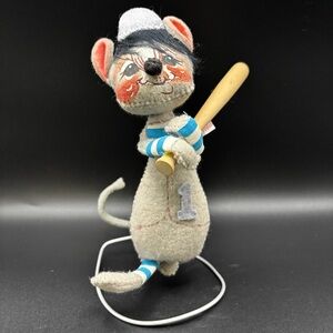 Vintage Annalee Baseball Player Mouse #1 Wooden Bat 1965 Mobilitee Doll